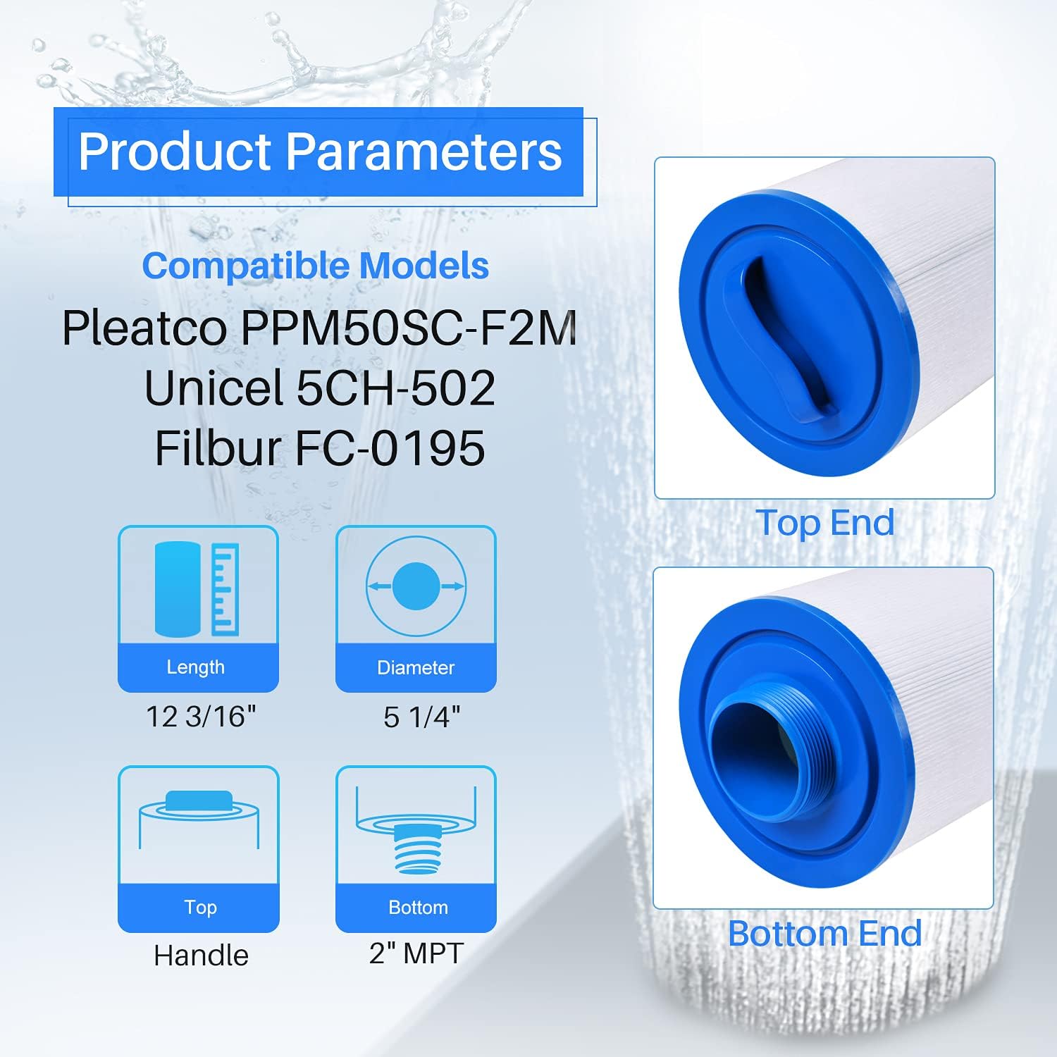 POOLPURE 5CH-502 Fine Thread Spa Filter Replaces PPM50SC-F2M, Marquis Spa 20041, 20091, 370-0237, Marquis 50, 2” Male Thread/MPT Hot Tub Filter 2 Pack Pack of 2