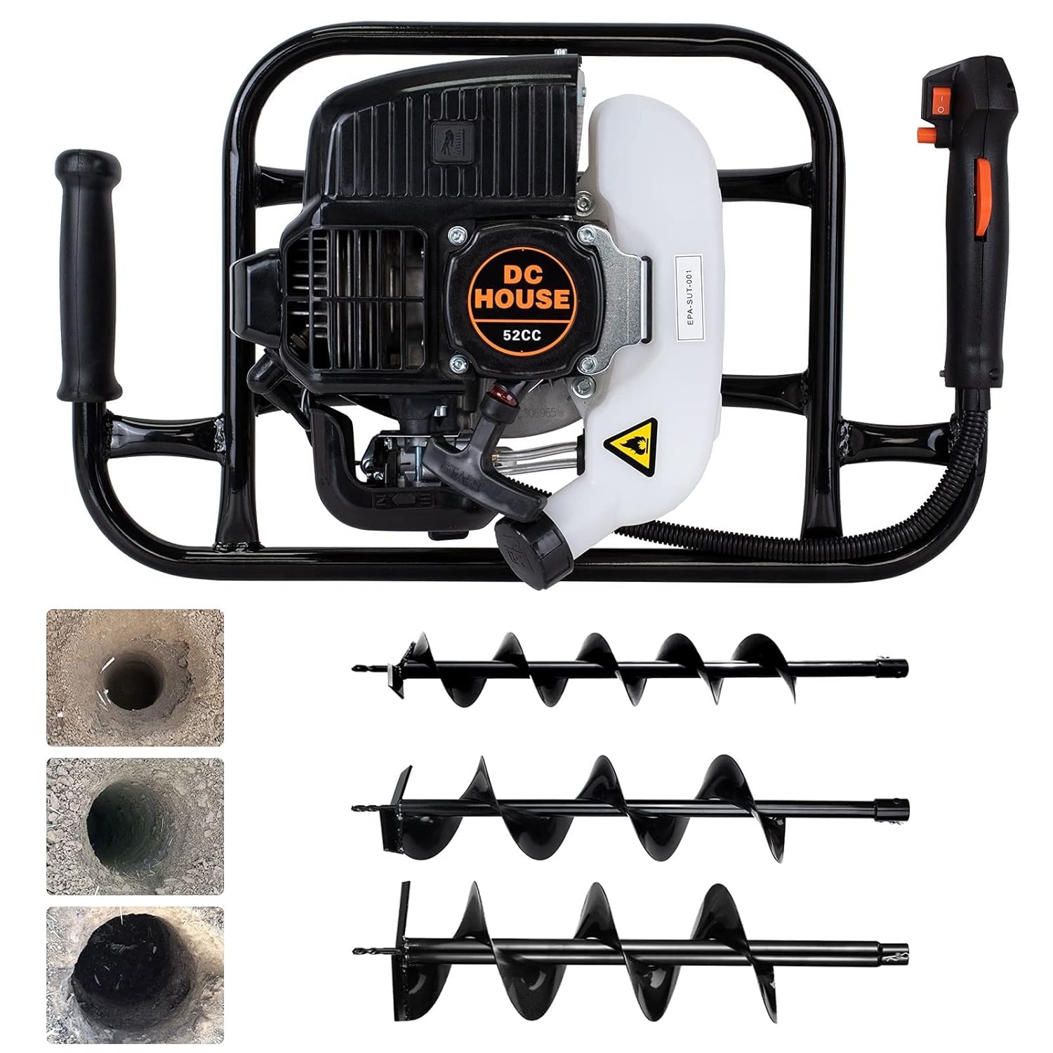 Gas Auger Post Hole Digger 52CC 2 Stroke Earth Digger Gas Power Earth Auger with 3 Drill bits (4