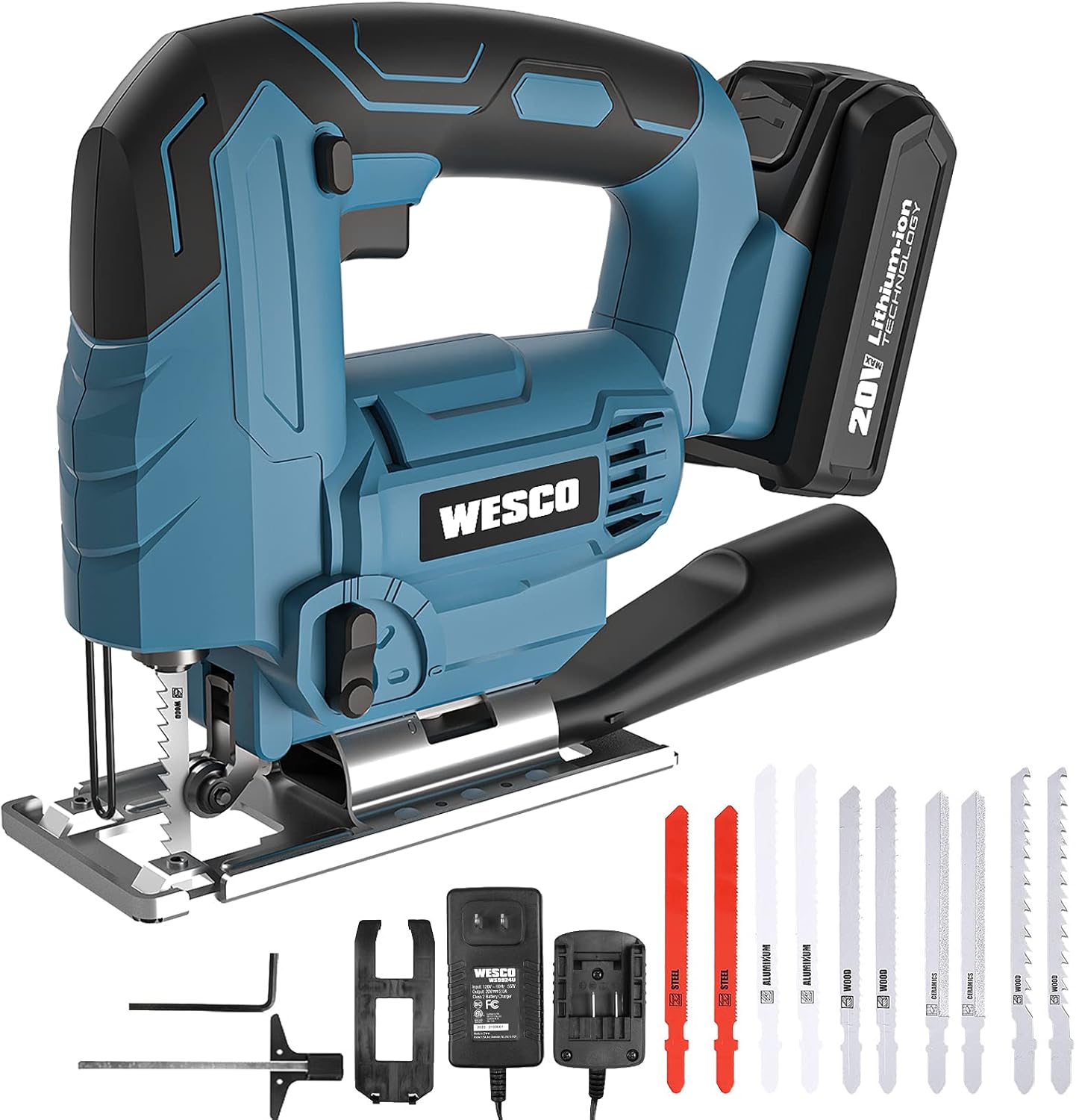 Cordless Jigsaw Tool, WESCO 20V 2.0A Jig Saw with Battery , 2500SPM, ±45° Bevel , 4 Orbital Variable Speed, Adjustable Aluminum Base，with LED Light for Woodworking (Charger/Dust Adapter/10pcs Blade) Pack of 2
