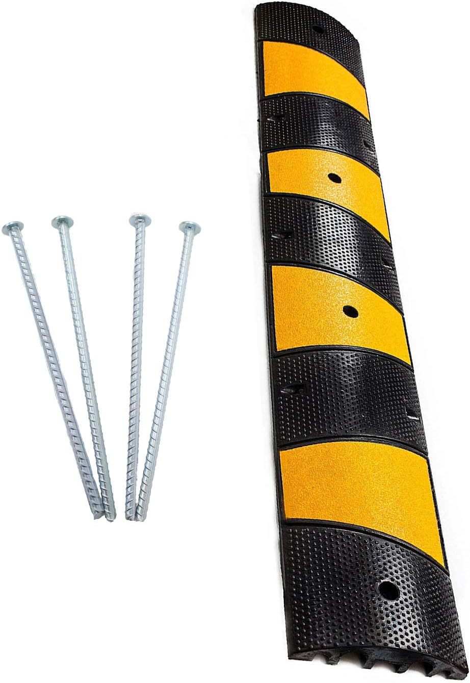 RK-SPBP6 Modular Rubber 6ft Speed Bump Hump & RK-Spike M10 Steel Spike for Speed Bump/Wheel Stop on Asphalt (1 Speed Hump, 4 Spikes)
