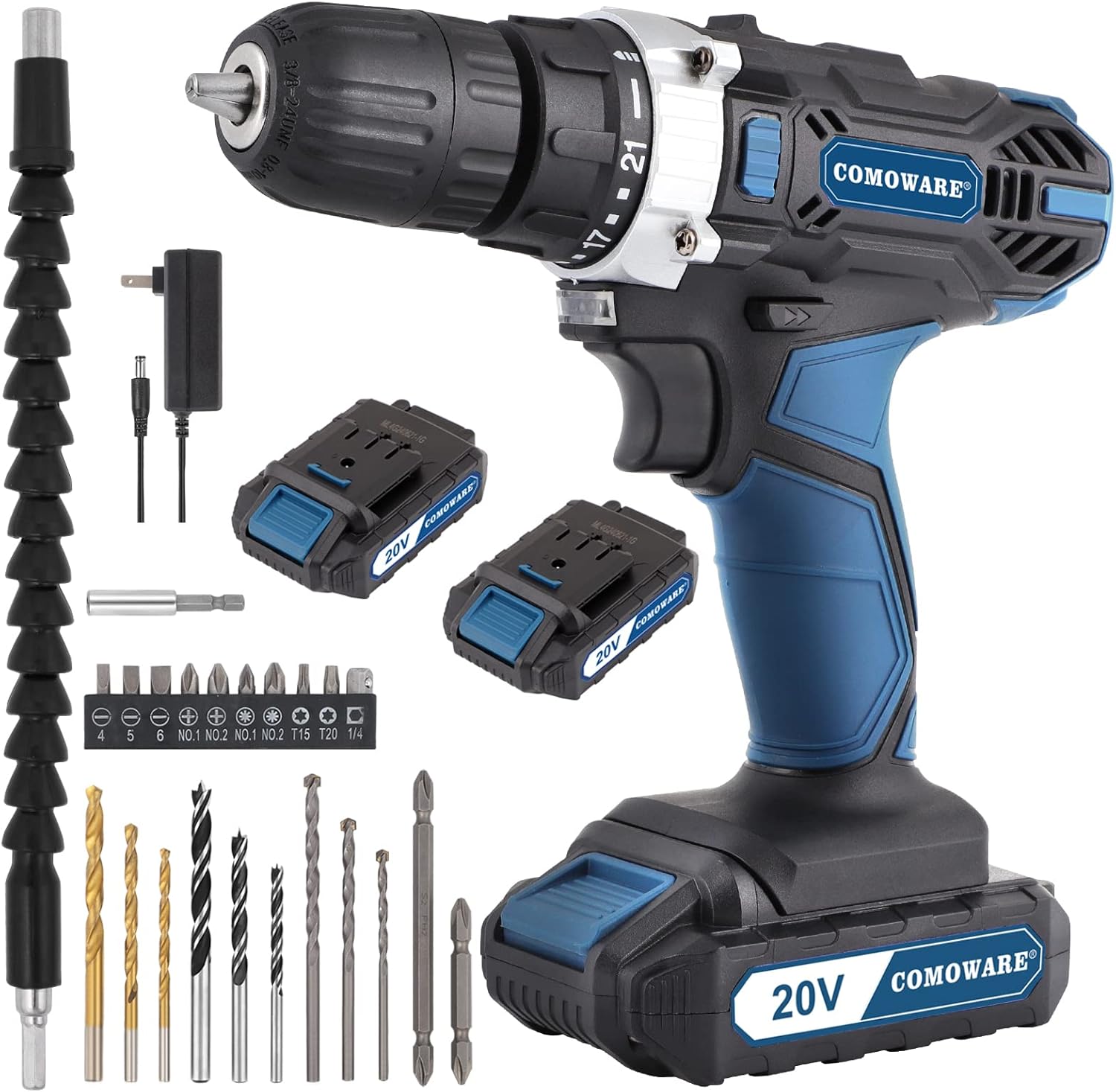 COMOWARE 20V Power Cordless Drill with 2 Li-ion Batteries & Fast Charger, 2 Variable Speed Drill Driver, 3/8” Keyless Chuck, 21+1 Torque Setting, LED Light, MAX 280 In-lbs, 23 Drill Bits Accessories Pack of 2