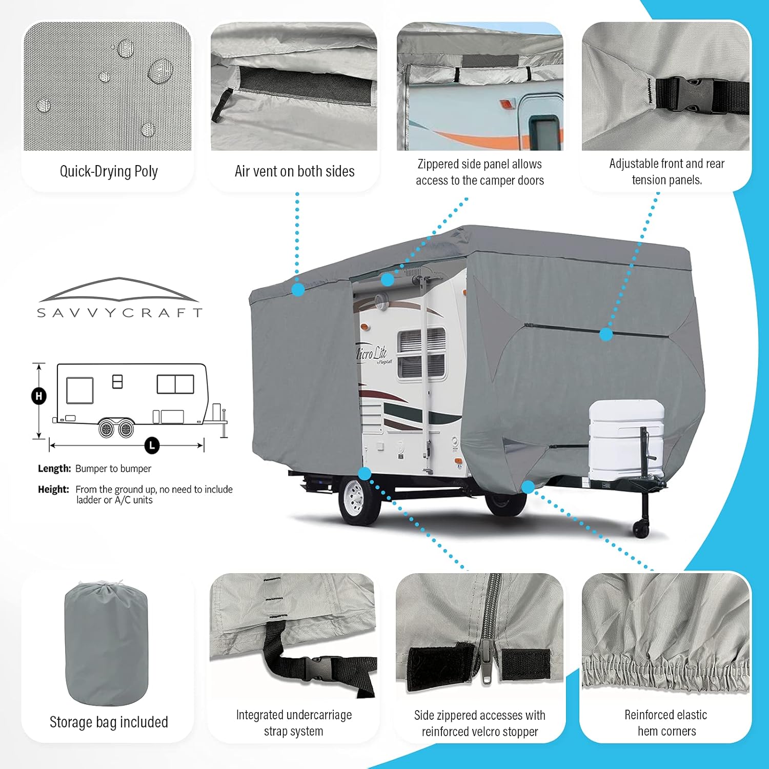 SavvyCraft Deluxe Travel Trailer RV Cover Camper Cover with Access Panels Fits 33'-35'L