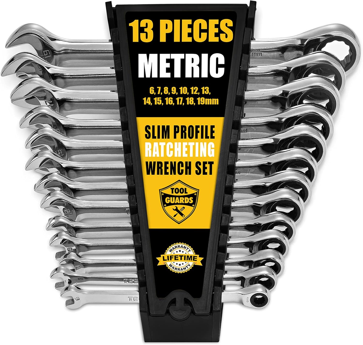 TOOLGUARDS 13 Pieces MM Slim Profile Ratcheting Wrench with Rack Organizer Pack of 2