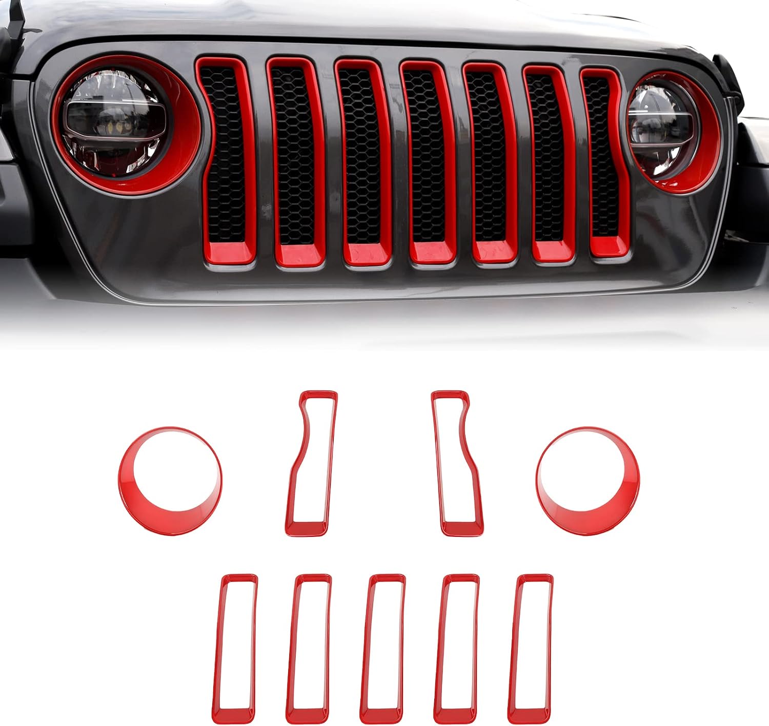 2018-2022 Jeep Wrangler JL Mesh Grille Grill Insert+Headlight Turn Light Cover Trim 2018 2019 2020 2021 JL JLU for Jeep Gladiator JT(Red) Pack of 2