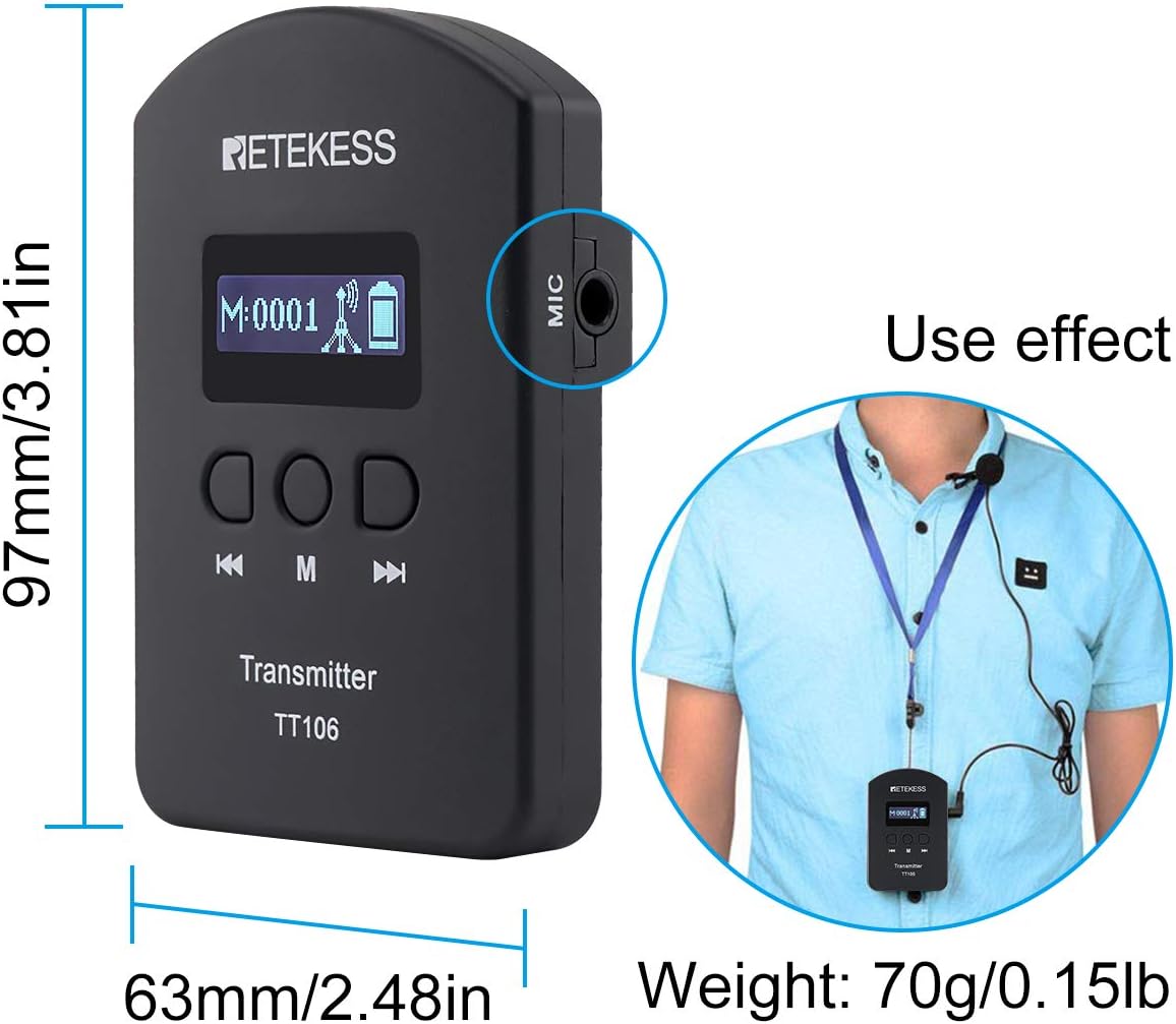 Case of 1 Transmitter and 15 Receivers 1 Charging Case,Retekess TT106,Wireless Tour Guide System,Church Translation System,Ear-Hook Mini Receivers,Training,Court,Government