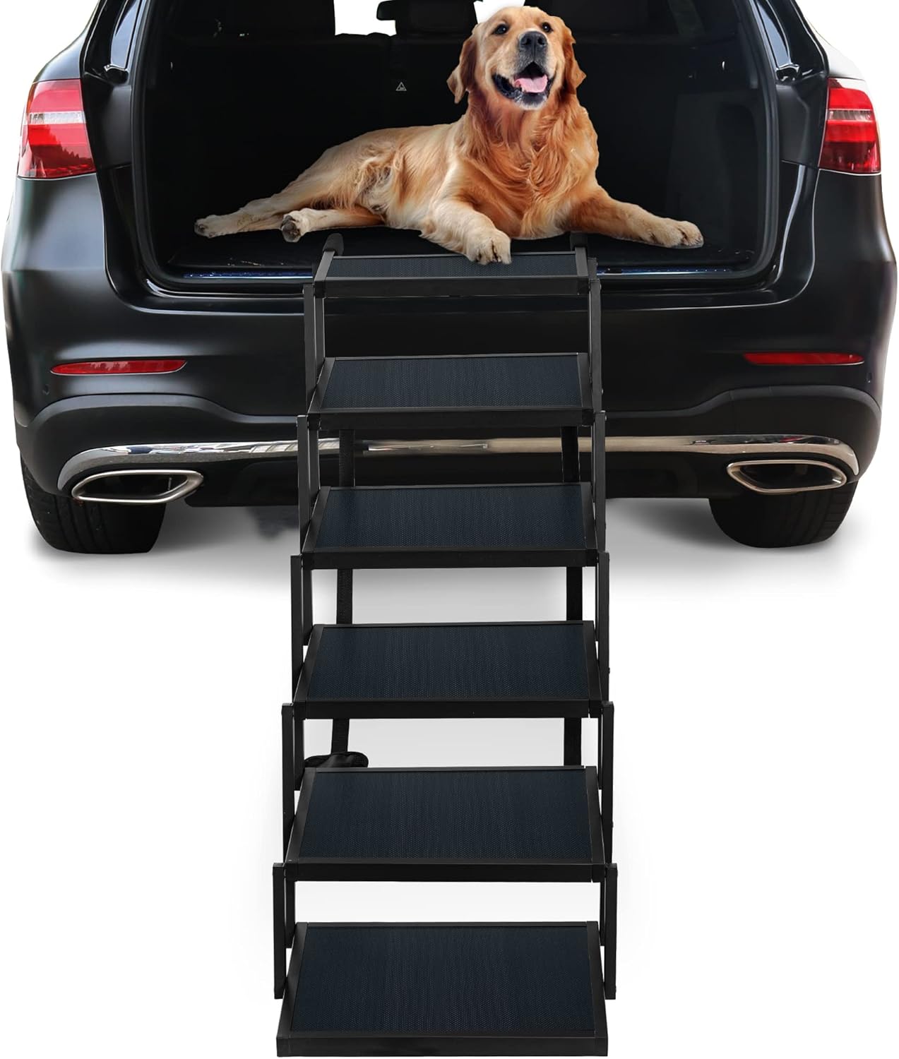 Niubya Dog Steps for Large Dog, Foldable Aluminum Dog Stairs with Nonslip Surface for Cars and SUV, High Beds, Trucks, Lightweight 6 Step Pet Ladder Ramp Supports 150 Lbs