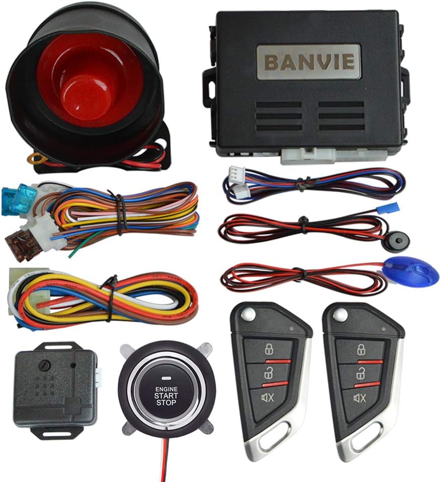 BANVIE Car Alarm System with Remote Engine Start and Push to Start Stop Iginition Button Kit Pack of 2