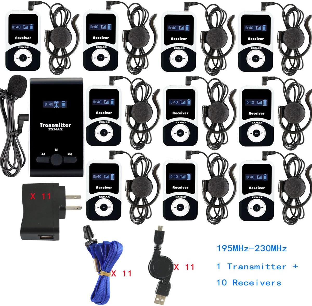 EXMAX® ATG-100T 195-230MHz Wireless Tour Guide System Microphone for Language Interpretation Church Traning Translation Conference Interpretation Travel (1 Transmitter 10 Receivers)