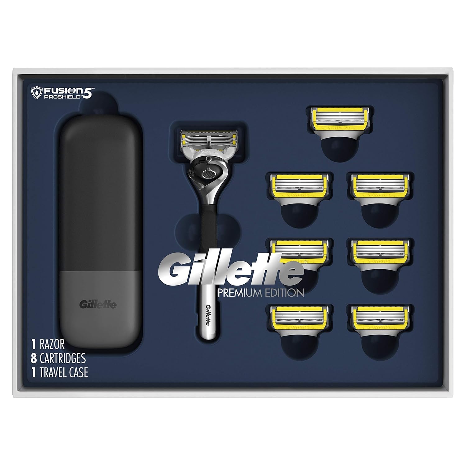 Gillette ProGlide Shield Premium Edition Razors for Men, 1 Gillette Razor, 8 ProShield Razor Blade Refills, 1 Travel Case, Gift Set Pack of 2