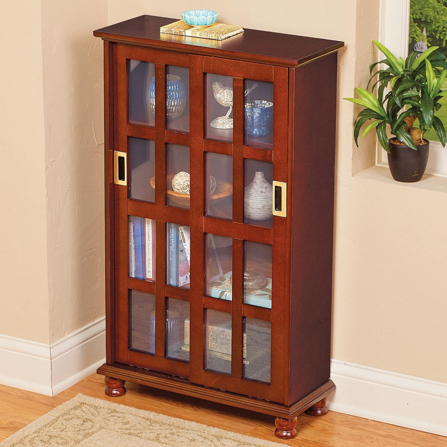Collections Etc Versatile Wood Sliding Door Media Display Cabinet Provides Plenty of Extra Storage and Display Space