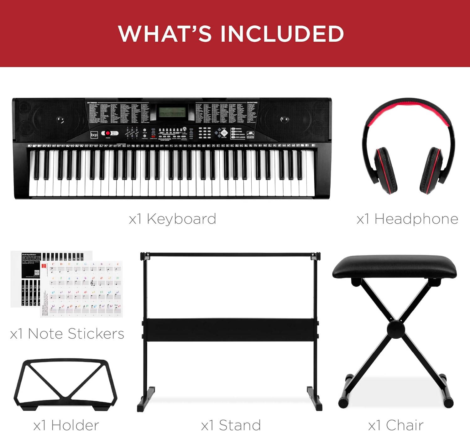 Best Choice Products 61-Key Beginners Complete Electronic Keyboard Piano Set w/Lighted Keys, LCD Screen, Headphones, Stand, Bench, Teaching Modes, Note Stickers, Built-In Speakers