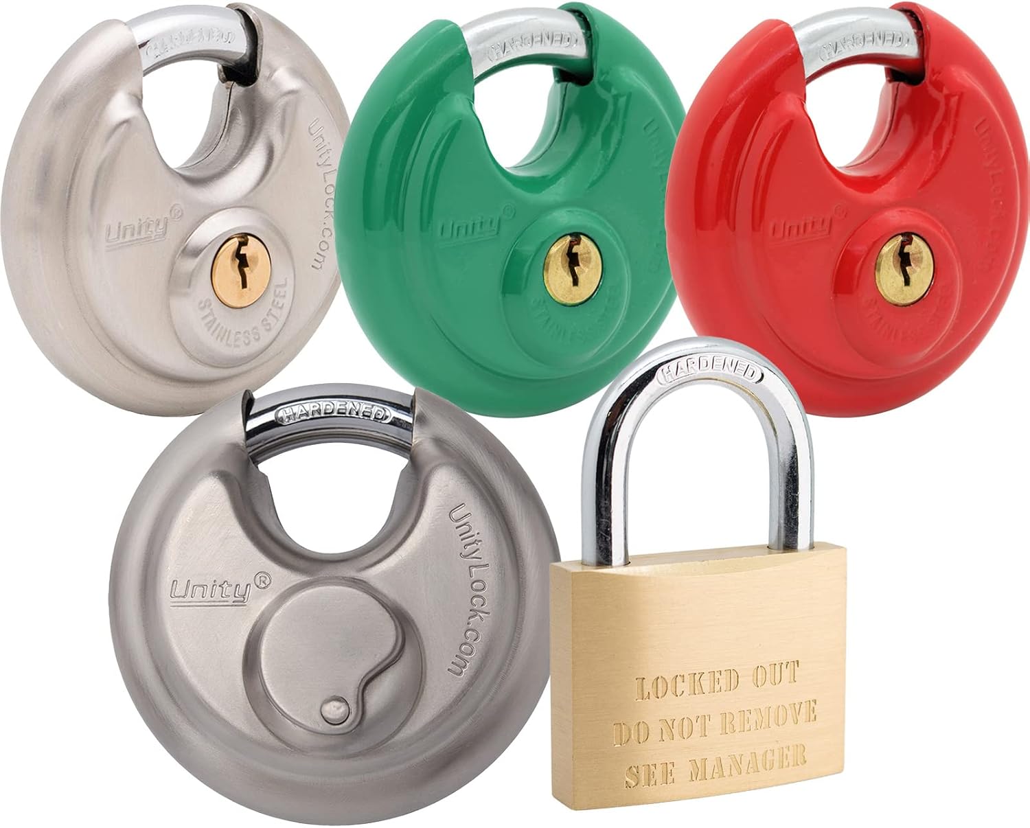 Unity Self Storage Exclusive Padlocks Brass, Disc, Red, Green Locks with Keyed Alike Coding Great for Management (Brass Lock-Keyed Alike-50mm-10 Pack) Pack of 2