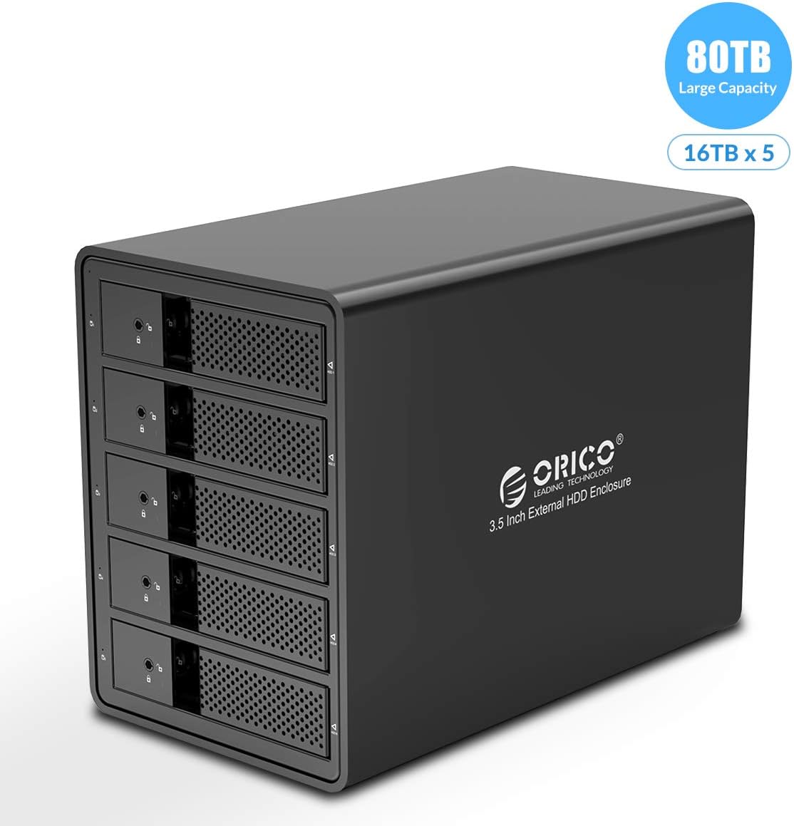 ORICO 5 Bay External Hard Drive Enclosure USB 3.0 3.5 inch Chia Support 80TB (5 x 16TB) Aluminum Alloy HDD Enclosure with Fan / 150W Disk Data Storage (No RAID)-9558U3