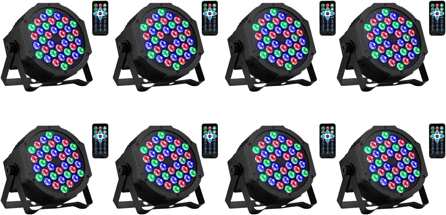 AOELLIT 36 LED RGB Stage Lights Sound Activated DJ Lights Compatible with DMX-512 Uplights for Wedding Events Show Party with Remote 8 Pack