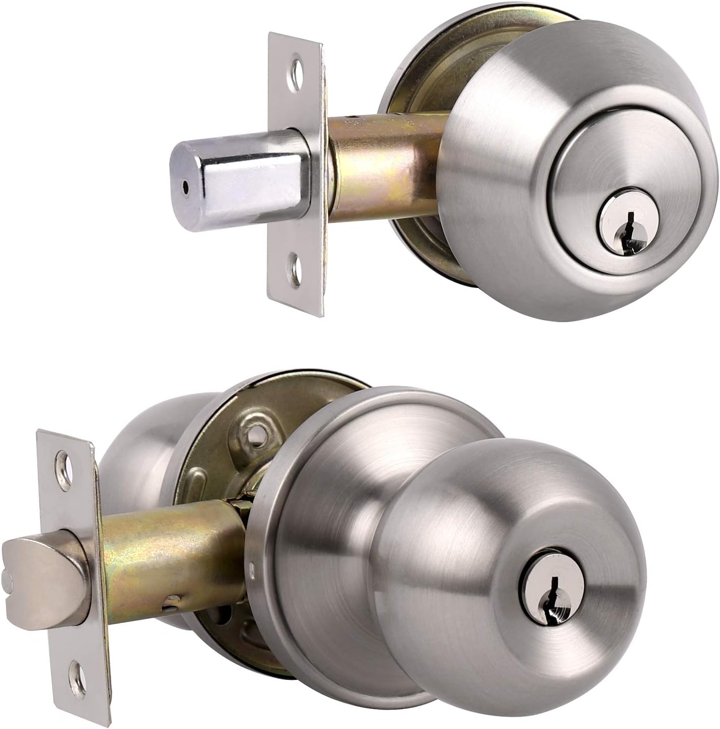 Probrico Keyed Alike Entry Knob and Deadbolt Set Satin Nickel, Single Cylinder Handleset Combo Pack(for Entrance Exterior Gate and Front Door), 3 Sets Pack of 2