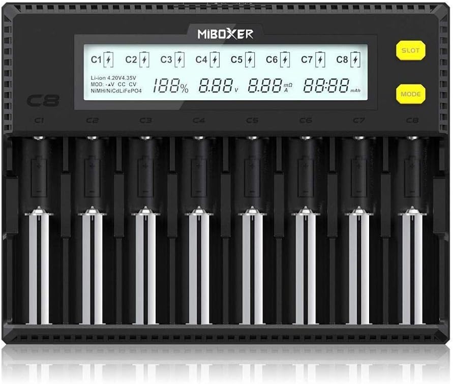 18650 Battery Charger,MiBOXER 8-Bay Smart Charger with Automatic LCD Display,Fast Charge Rechargeable Li-ion LiFePO4 Ni-MH Ni-Cd AA AAA C 21700 26650 13650 16340 18350 18700 RCR123 Pack of 2