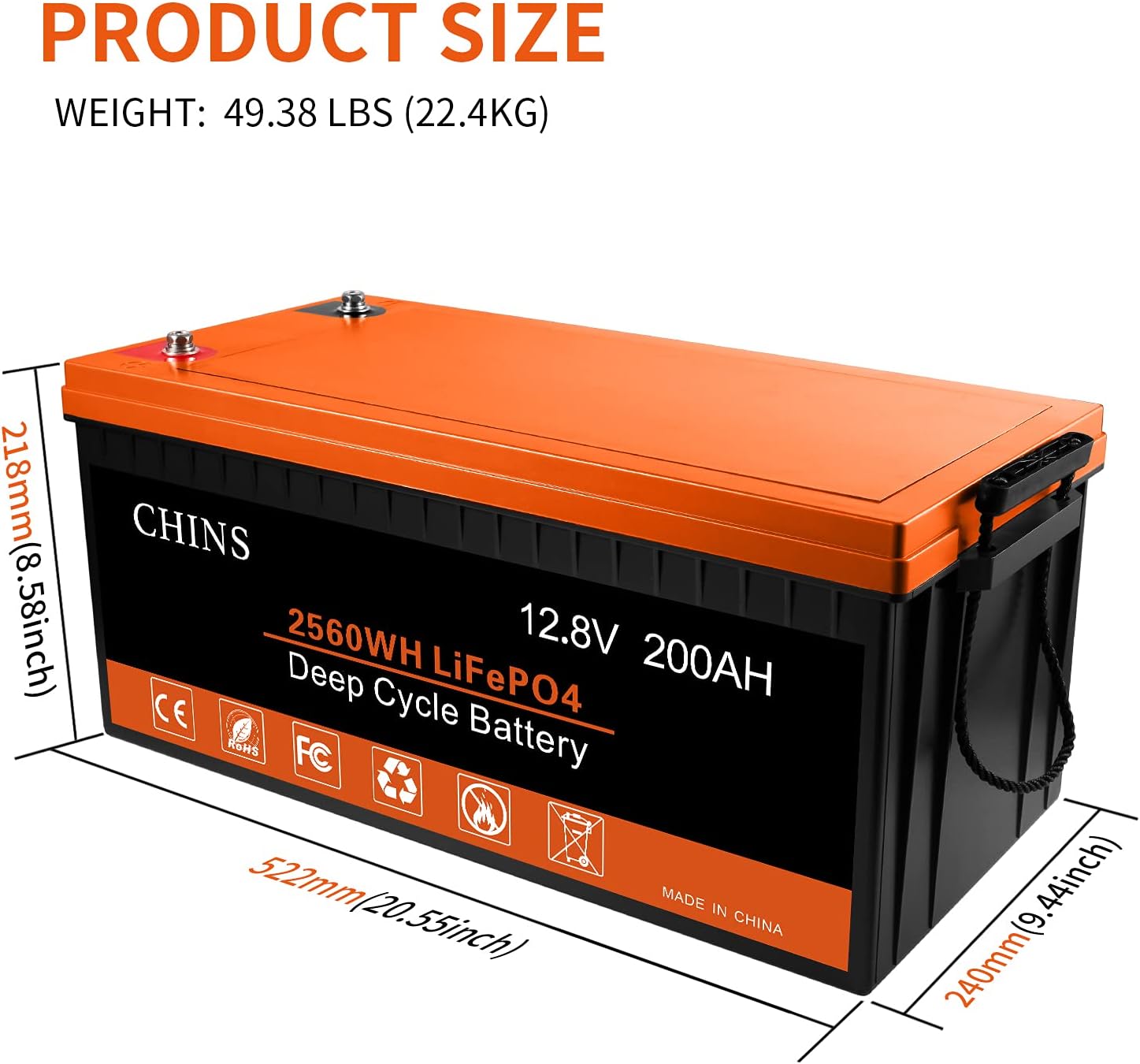 CHINS LiFePO4 Battery 12V 200AH Lithium Battery - Built-in 200A BMS, Perfect for Replacing Most of Backup Power, Home Energy Storage and Off-Grid etc.