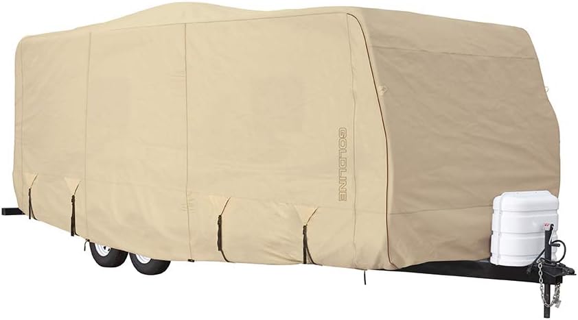 Eevelle Goldline Travel Trailer RV Cover - Waterproof, Heavy Duty, Marine Grade, UV Protection, Durable, Breathable, Anti Rot - Tan - Gray 24 - 26 Feet