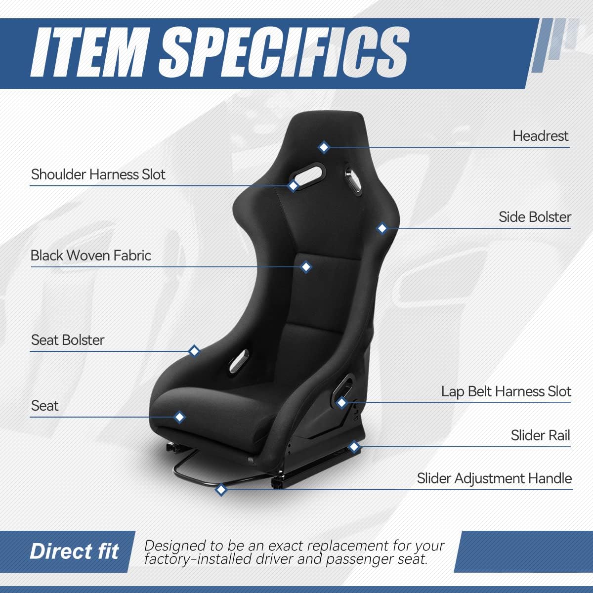 Universal Bucket Racing Seats, Come with Adjustable Sliders, Set of 2, Driver and Passenger Side, Black Fabric