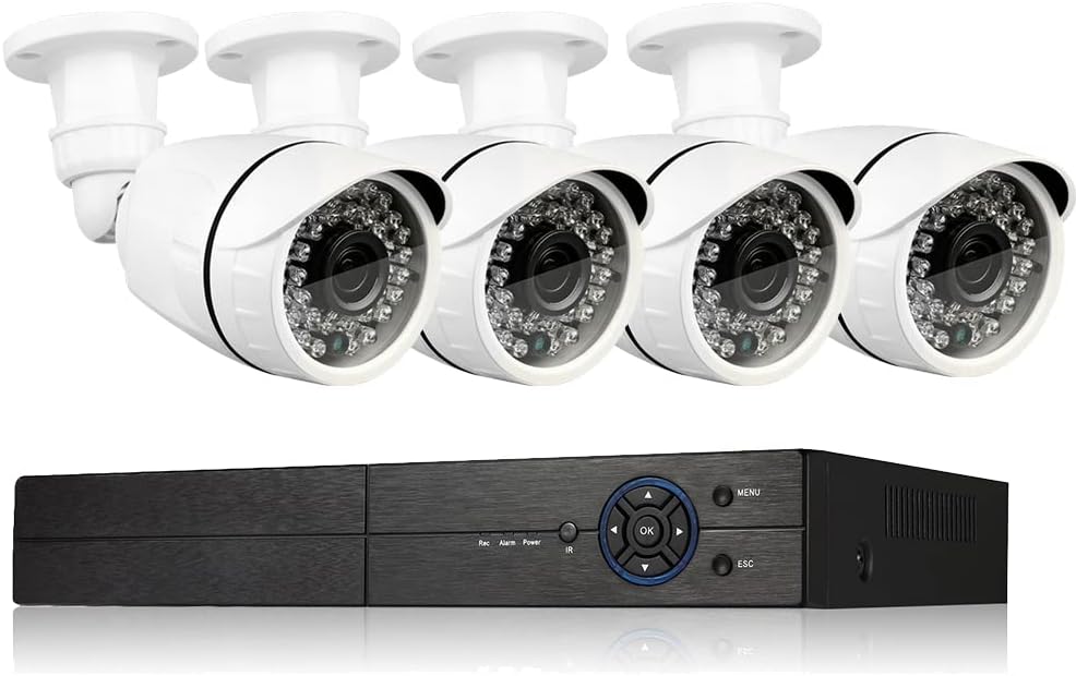Eversecu 4 Channel Security Camera System 1080P DVR and (4) 1.0MP 720P Weatherproof Cameras Support Night Vison Weatherproof, Motion Alert, Smartphone, PC Easy Remote Access (NO HDD Included)