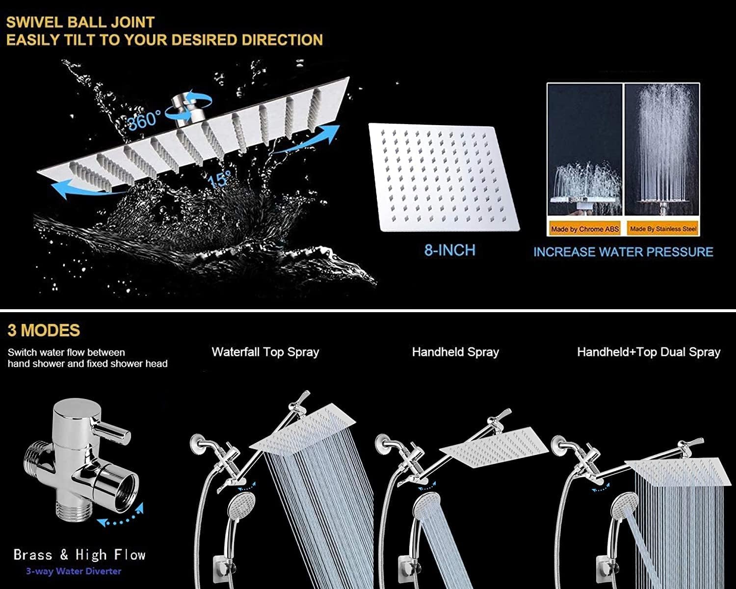 Shower Head Combo with 11'' Extension Arm，High Pressure 8