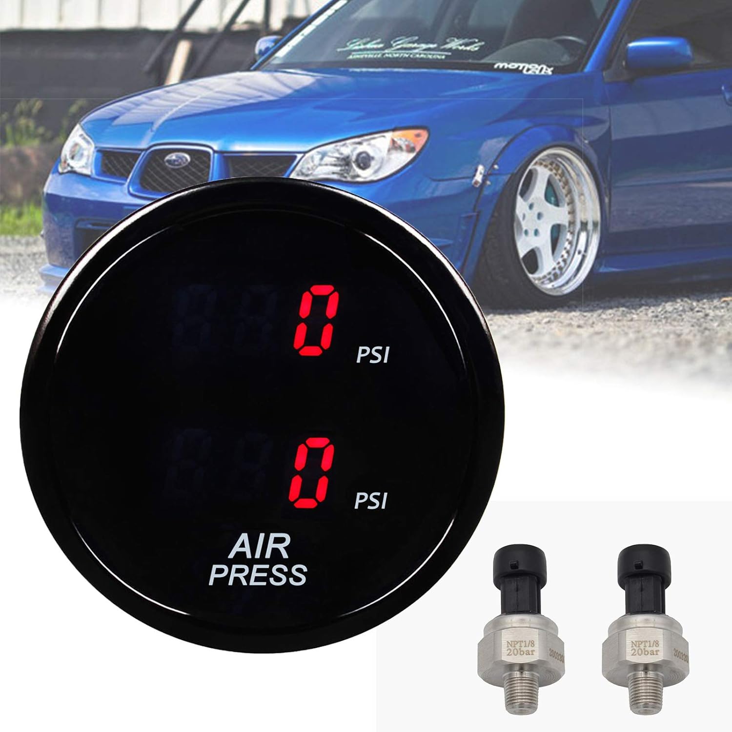 Air Suspension Pressure Gauge 2Inch 52mm Smoked Lens Dual Digital Max 290 PSI with 2PCS 5 Meters Electronic Sensors for Air Ride Pressure Suspension Systems (Red) Pack of 2