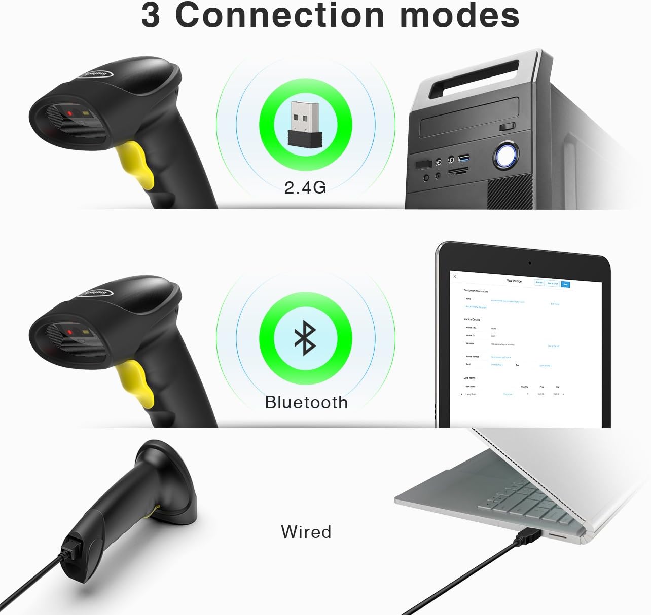 Barcode Scanner, Inateck QR Code Scanner, 2D, Wireless, Bluetooth, Read Screen, BCST-50 Black