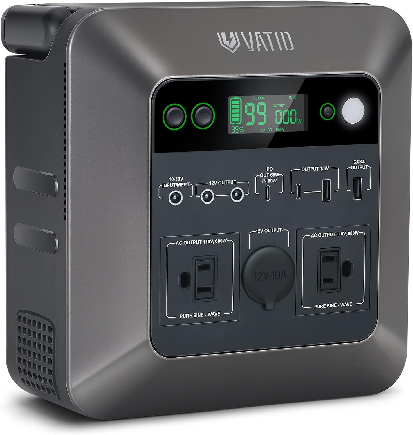 VATID Portable Power Station, 1000W Peak(Rated 600W),3.3hrs 80% Recharge, 712.25Wh Solar Generator,110V AC Pure Sine Wave,12V 10A Regulated DC,65W USB PD,Ultra-light Rechargeable Power Station (Black)