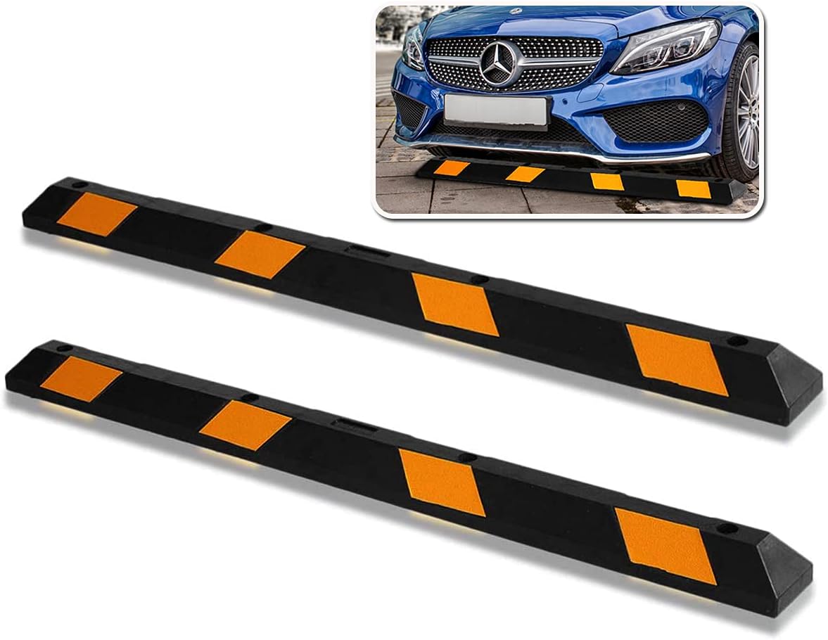 Zone Tech 2 Pc Large Heavy Duty Rubber Parking Curb – 72” Black Striped Long -Premium Quality Car Garage Wheel Stopper- Professional Grade Parking w/Yellow Reflective Tape for Car, Truck, Trailer &RV