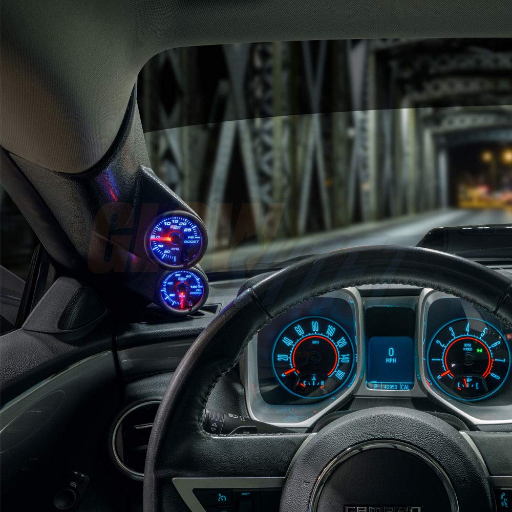 GlowShift Gauge Package Compatible with Chevrolet Chevy Camaro V8 2010-2015 - Tinted 7 Color 100 PSI Oil Pressure & Fuel Pressure Gauges - Black Full Size Dual Pillar Pod