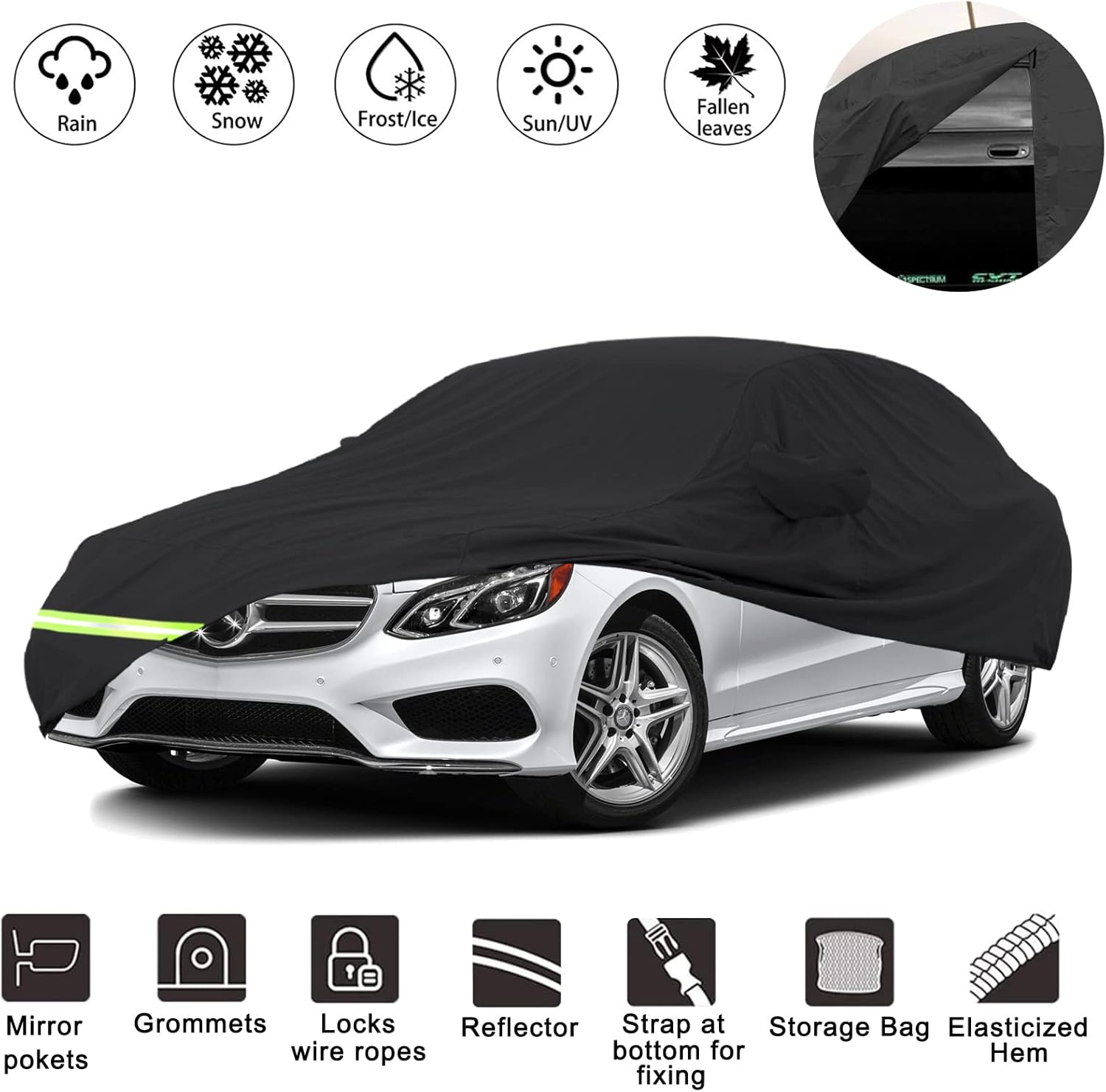 YIXIN Waterproof Car Cover for 2006-2021 Mercedes Benz E Class Sedan E250 E320 E300 E350 E400 AMG 190T Covers Custom Fit 100% Waterproof Windproof Strap & Double Door Zipper Up to 205” L (Black) Pack of 2