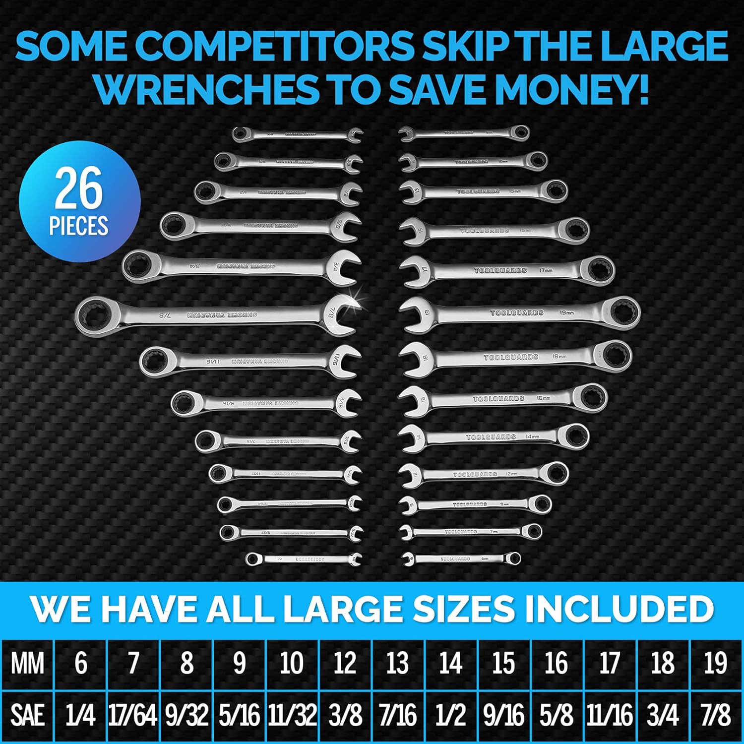 TOOLGUARDS 26 Pieces INCH/MM slim profile Ratcheting Wrench Set with Rack Organizer - Wrenches Set