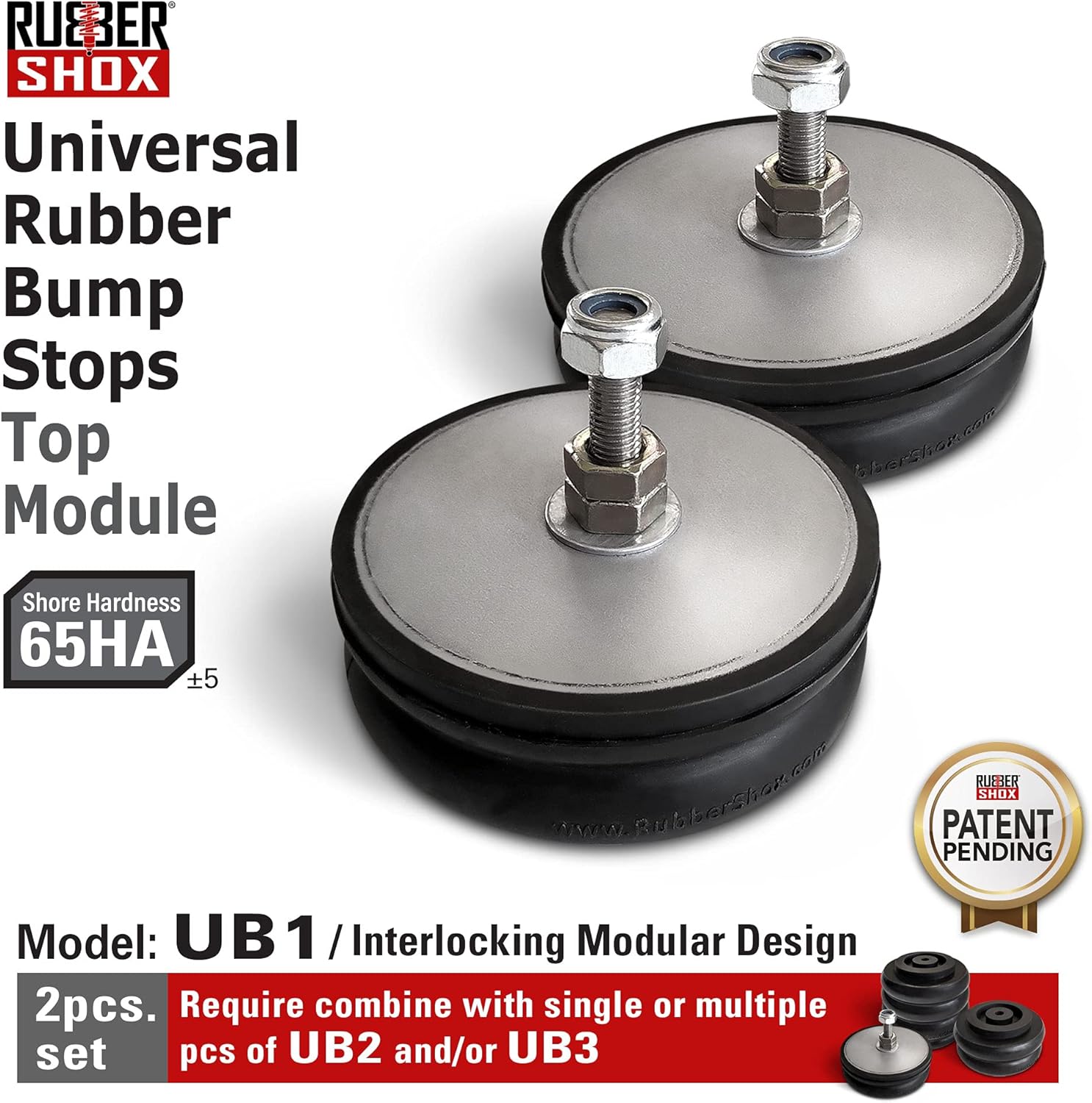 RubberShox Modular Universal Rubber Front Rear Bump Stop for Truck and RV Suspension Enhancement. UB1 Top Module, Pair 5000 lbs, Hardness 65HA. Require UB2 and/or UB3 Sub-Module Pack of 2