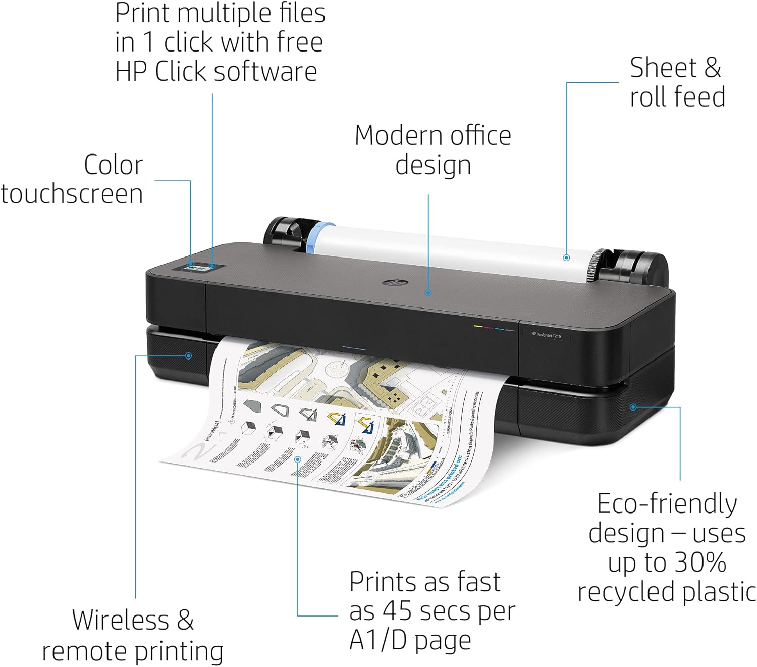 HP DesignJet T210 Large Format Compact Wireless Plotter Printer - 24