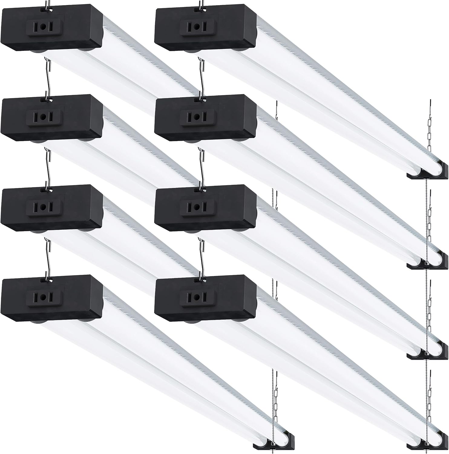 Sunco Lighting LED Shop Light for Workshop Garage 4FT, Plug in Linkable Industrial Utility Fixture, 6000K Daylight Deluxe, 40W=260W, 4100 LM, Integrated T8, Hanging/Mounted, Pull Chain 8 Pack