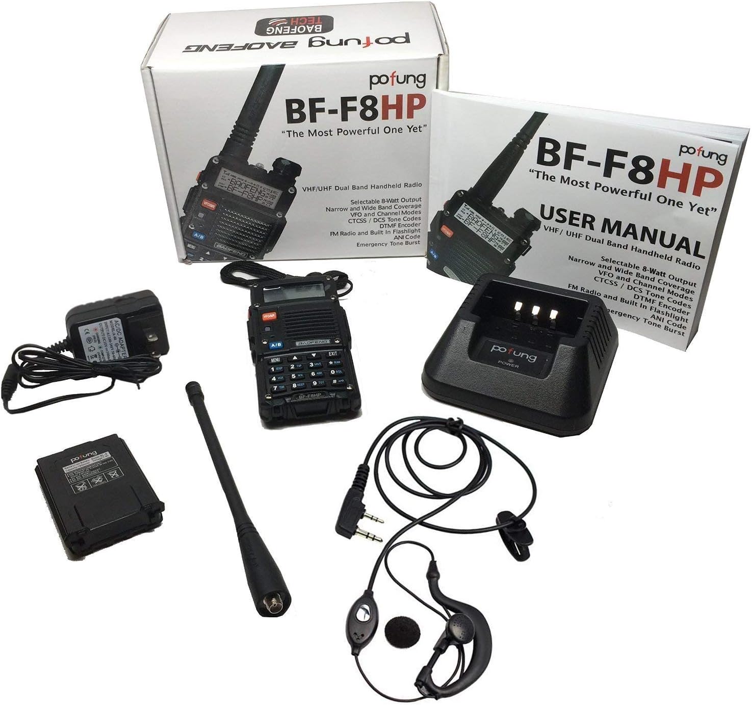 BAOFENG BF-F8HP (UV-5R 3rd Gen) 8-Watt Dual Band Two-Way Radio (136-174MHz VHF & 400-520MHz UHF) Includes Full Kit with Large Battery