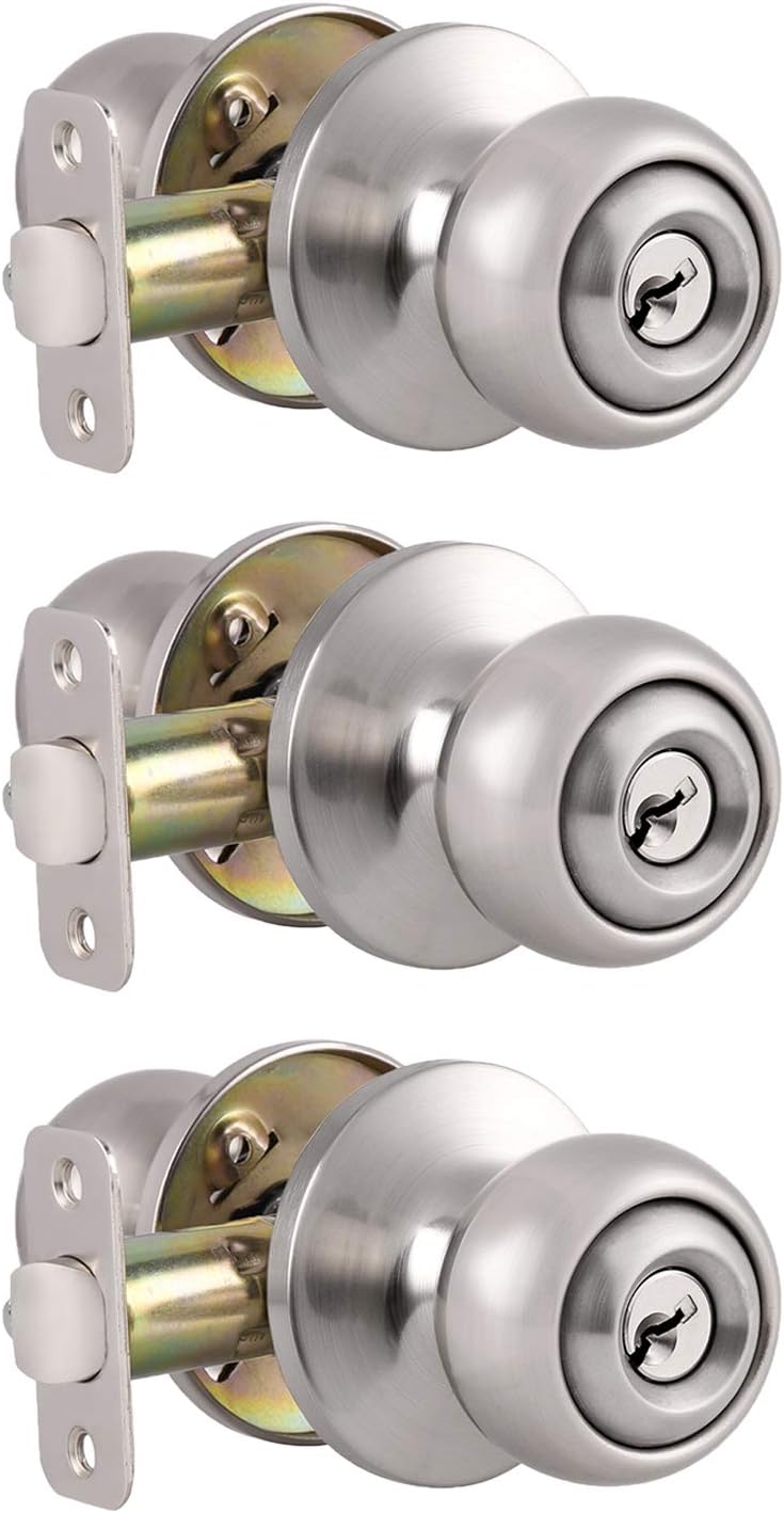Probrico Privacy Door Knobs Interior with Lock Round Ball Shape Brushed Stainless Door Handles Bedroom Bathroom Keyless Door Locksets, 6 Pack Pack of 2