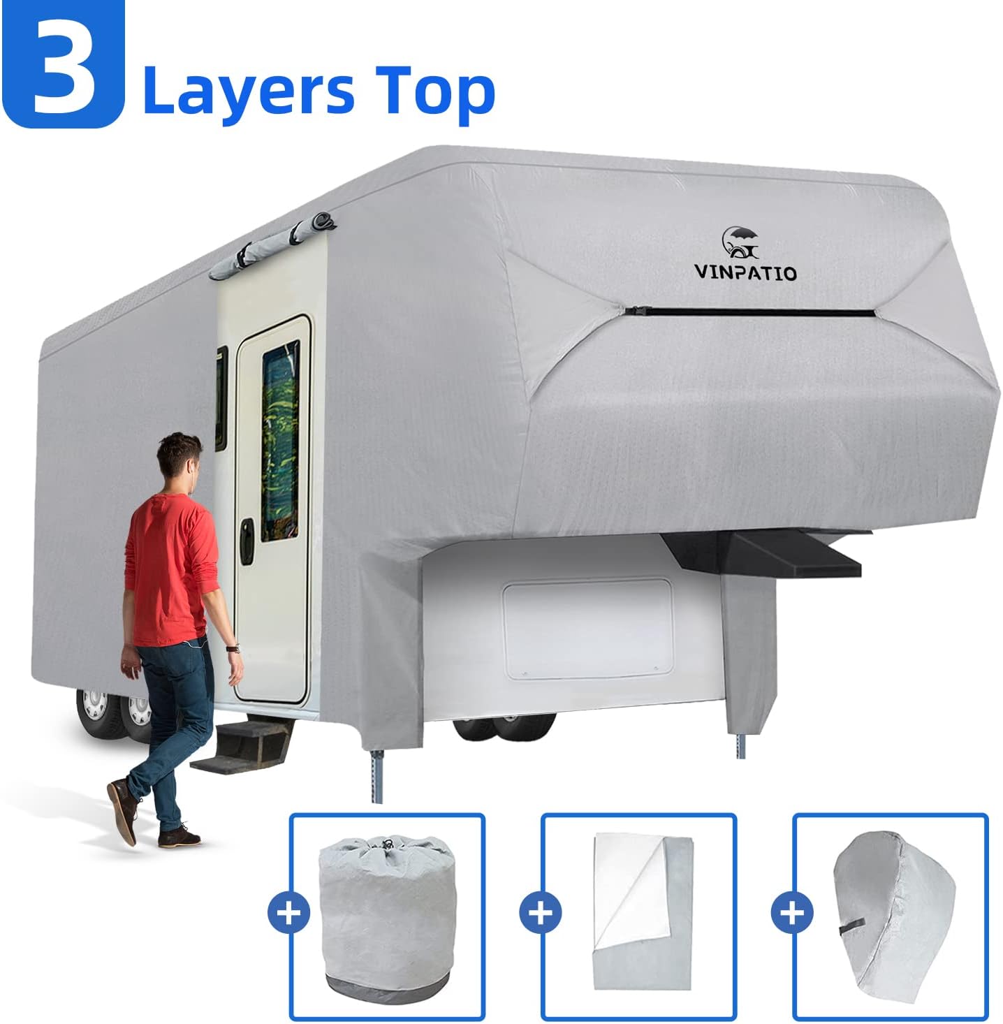 VINPATIO 5th Wheel Cover Thick 3 Layers Polypro Anti-UV Waterproof Breathable Camper Covers Fits 34‘ - 37‘ Trailer, Gray