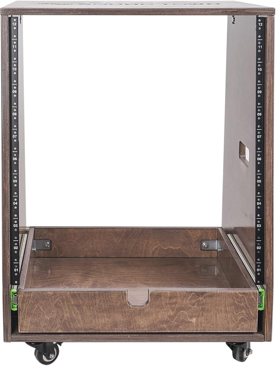 Sound Town 12U DIY Slanted Studio Rack with 12U Rack Space, Extra 2U Drawer, Plywood, Rubber Feet, Casters, Weathered Gray (SDRK-12TBD2)