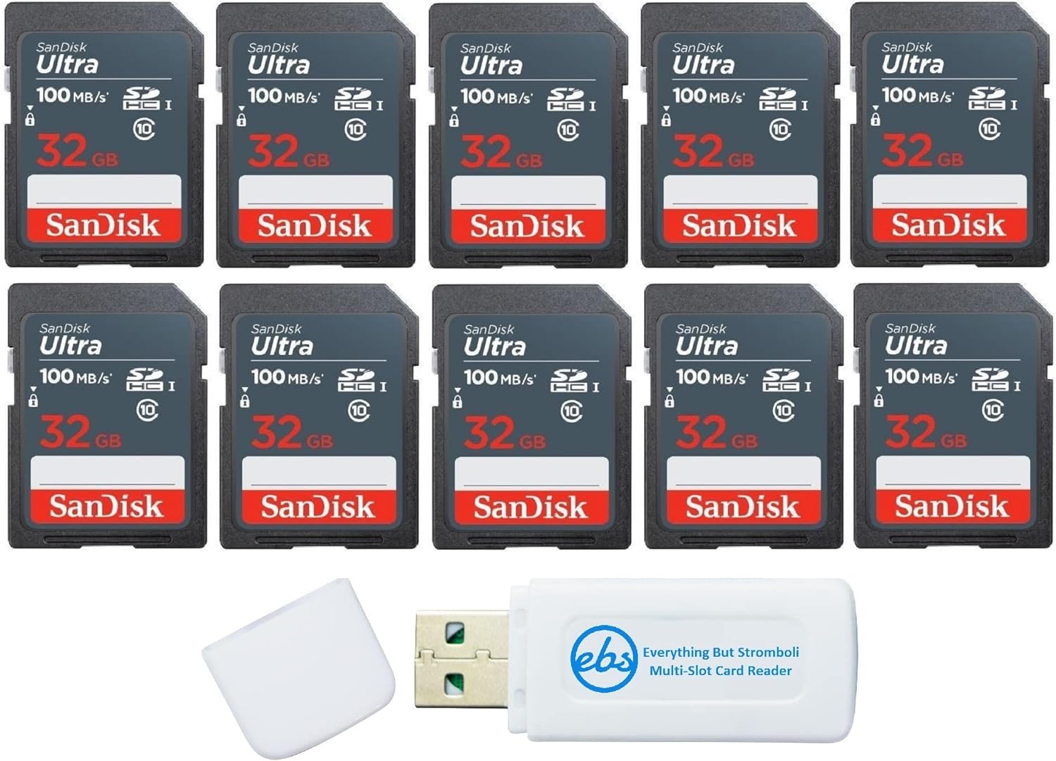 SanDisk 32GB Ultra SD Memory Card (10 Pack) SDHC UHS-I Card 100 MB/s Class 10 (SDSDUNR-032G-GN3IN) Bundle with (1) Everything But Stromboli Microfiber Cloth & SD/Micro Card Reader Pack of 2