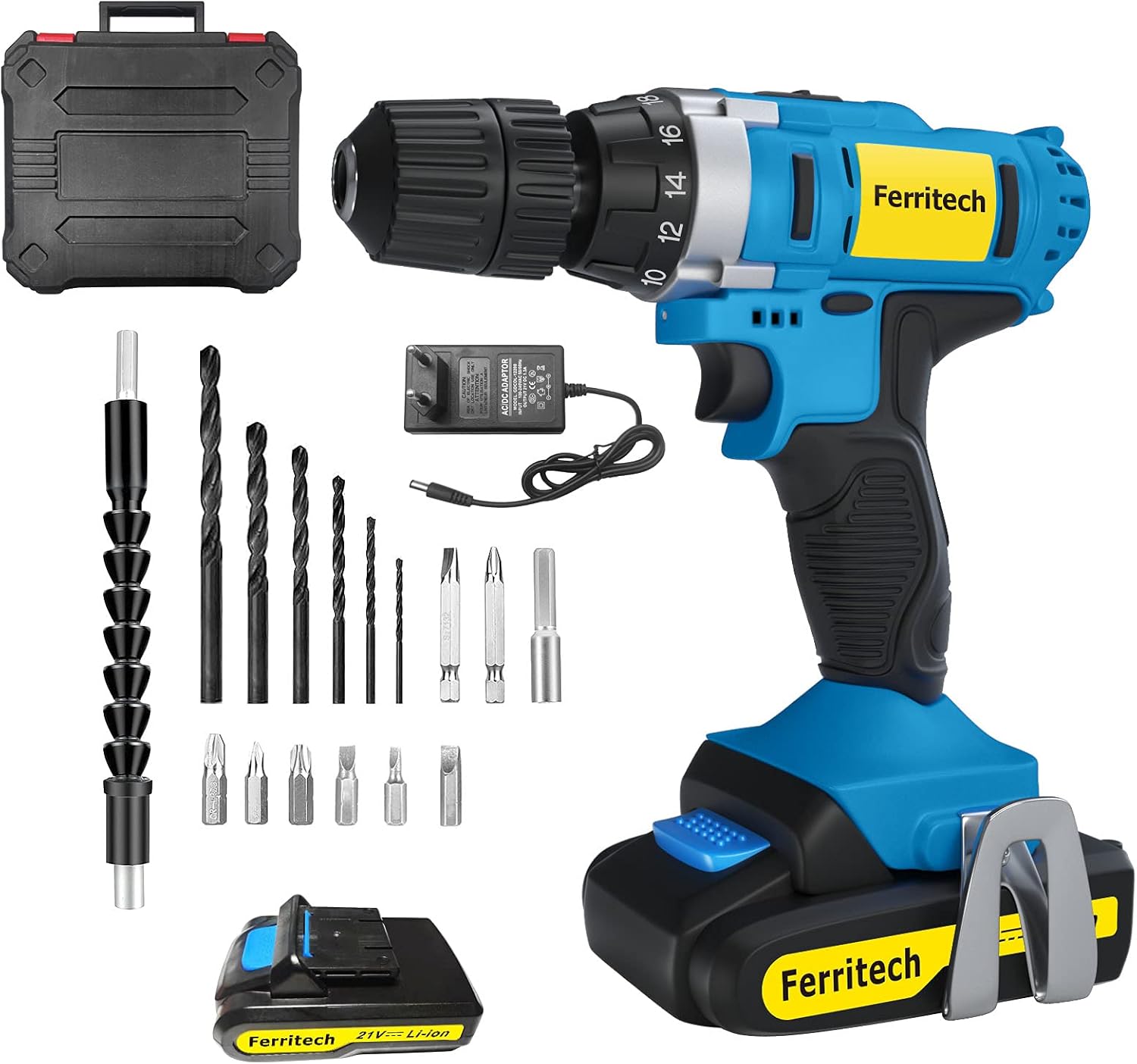 Cordless Drill 20v with 2 Batteries and Charger Power Drill Bit Set 20pcs Variable Speed Electric Drill Auger Drill Bit 3/8