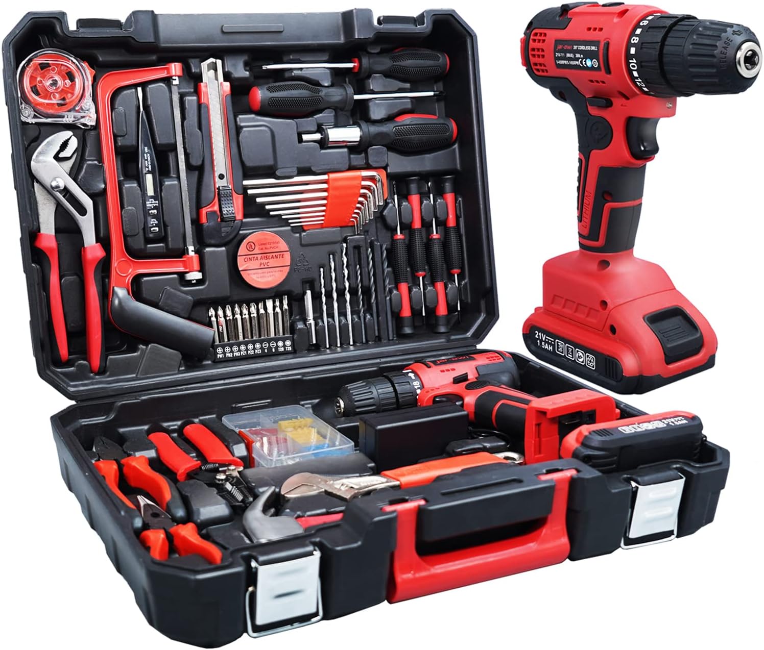 jar-owl Cordless Drill Set, 21V Brushless Drill Driver Kit, 1x 1.5Ah Li-ion Batteries, 320 In-lbs Torque, 3/8”Keyless Chuck, 2-Variable Speed, 112pcs Bits Accessories with Case Pack of 2