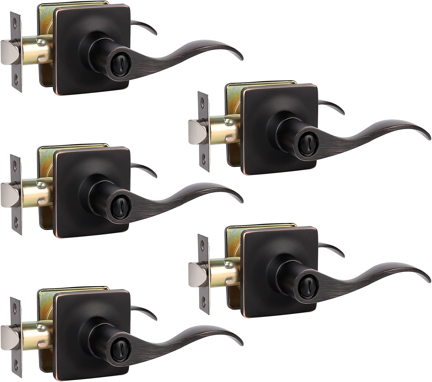 GOBEKOR 5 Pack Privacy Door Handles Interior Oil Rubbed Bronze Interior Door Handle with Lock Square Lever Door Handles Bronze Privacy Door Levers Keyless Bedroom Bathroom Door Handles Hardware Pack of 2