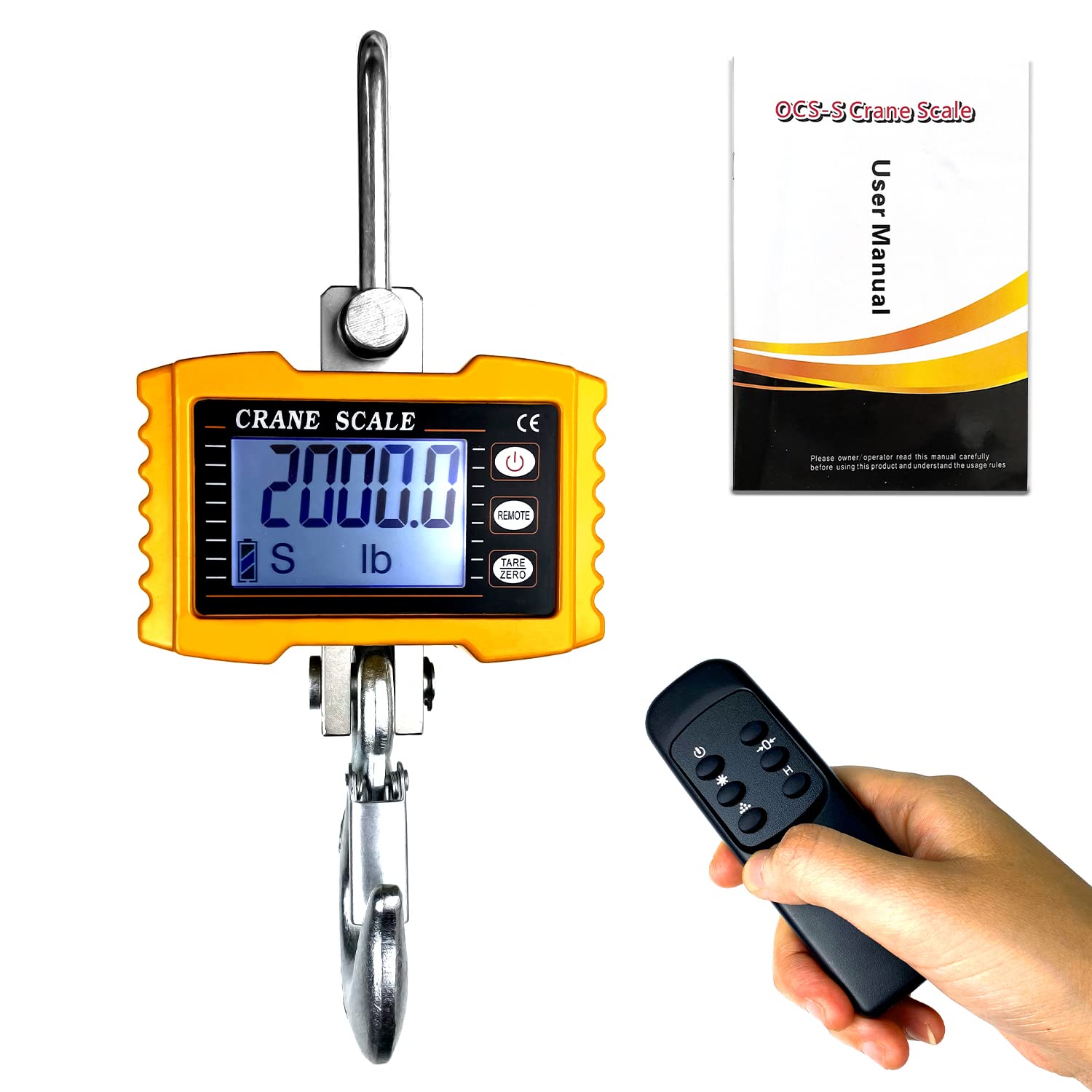 TOYO-INTL 1000kg/2000lb Digital Crane Scale High Precision Heavy Duty Industrial Hanging Scale with Remote Control Aluminum Case CE Certified Electronic Weighing Crane Scale (Yellow)