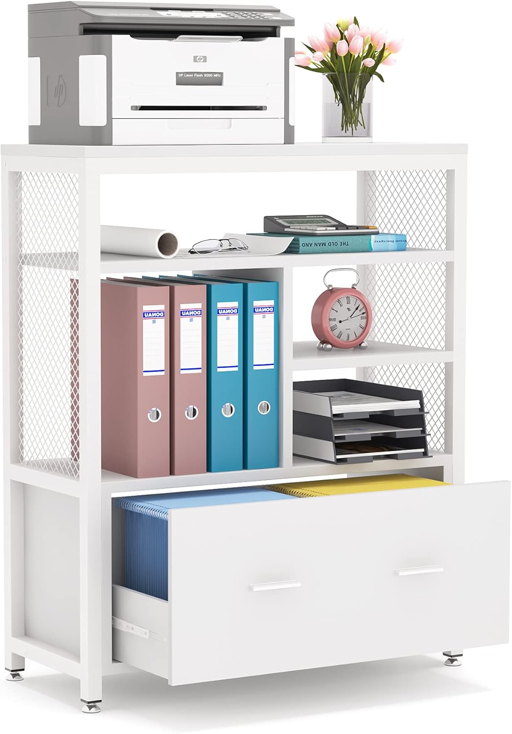 Tribesigns Wood Lateral File Cabinet with Drawer for Letter Size, Large Modern Filing Cabinet Printer Stand with Metal Wire Open Storage Shelves for Home Office (Black)