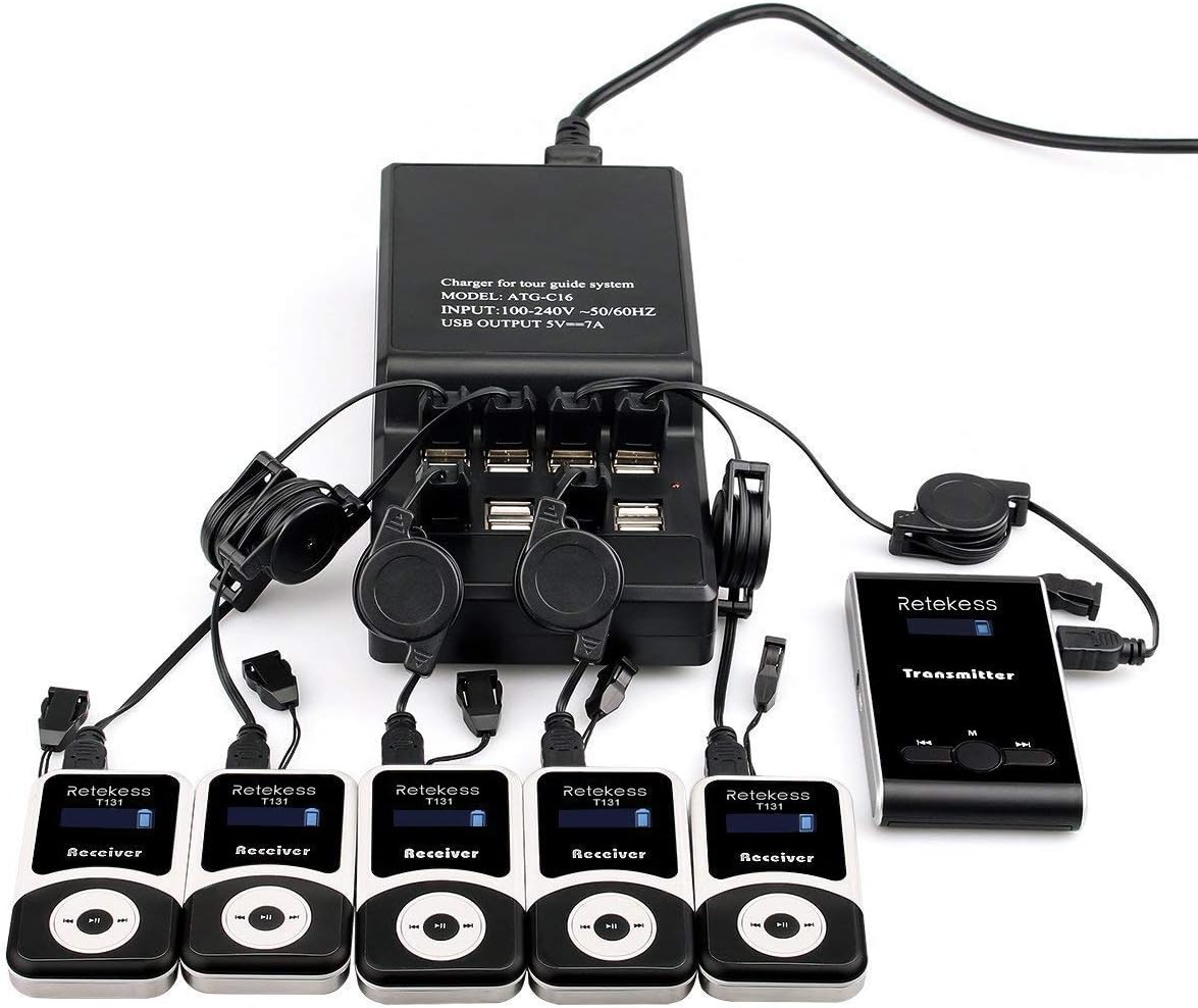 Case of 1 Transmitter 5 Receivers 1 Charging Base,Retekess T130,Church Translation System,PLL Audio Tour Guide System,Multichannel Wireless Assisted Listening Device for Court Simultaneous Translation