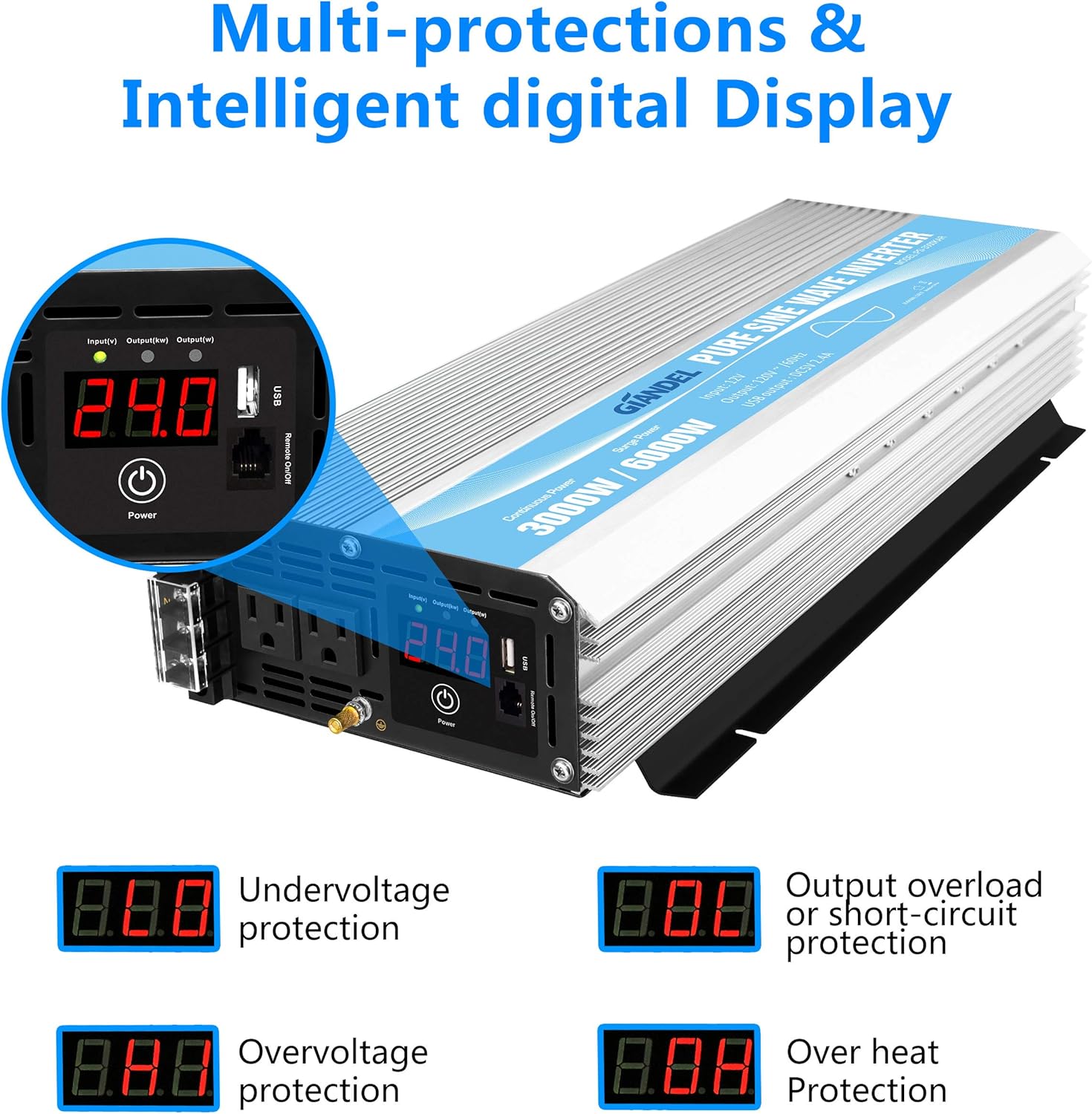 24V Pure Sine Wave Power Inverter 3000Watt DC 24V to AC120V with Dual AC Outlets with Remote Control 2.4A USB and LED Display
