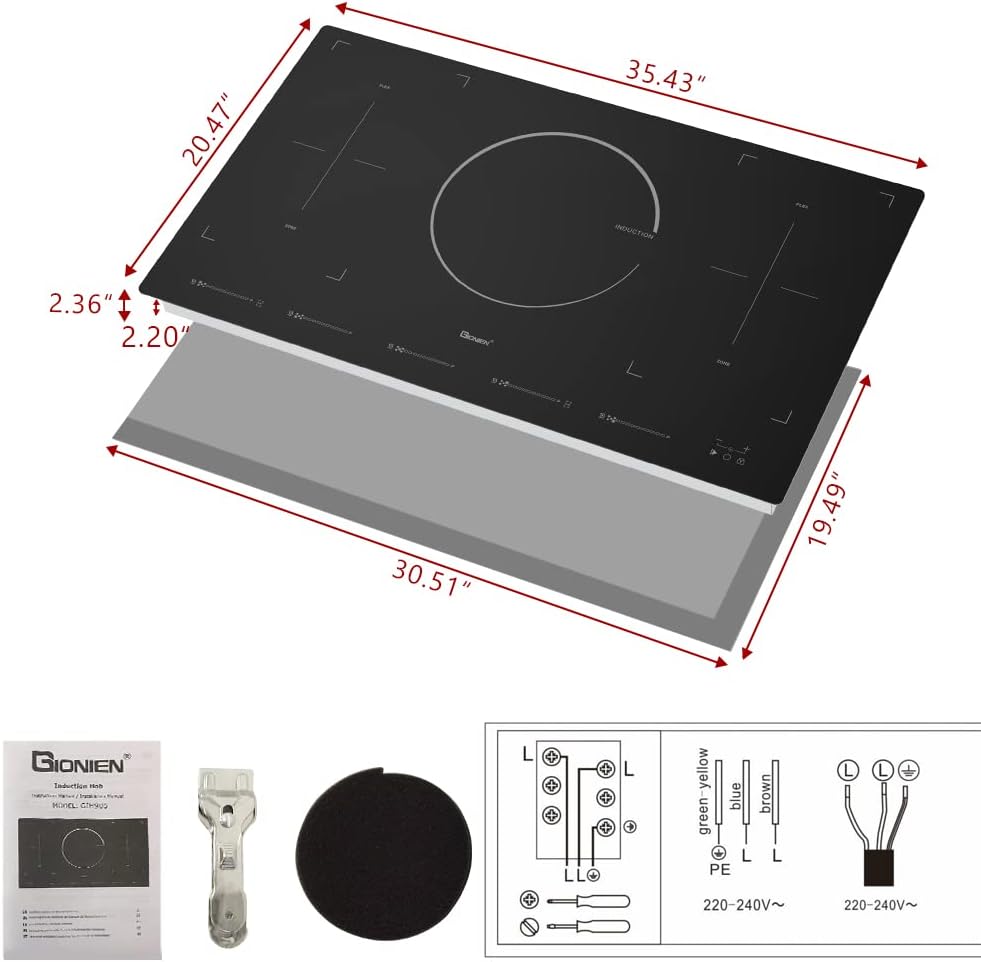 GIONIEN Induction Cooktop 36 inch with Flexi Bridge Elements Built-in 5 Boost Burners Electric Stove 9000W 220V~240V GIH905