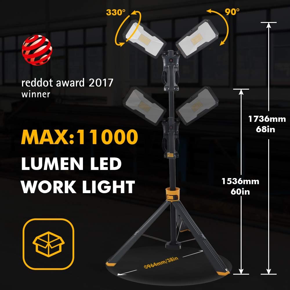 【Upgraded】LUTEC 6290Max 11000 Lumen 92W Dimmable LED Work Light with Telescoping Tripod, Adjustable Color Temperature Dual-Head Work Light with Stand and 8 Ft 3-Prong Power Cord