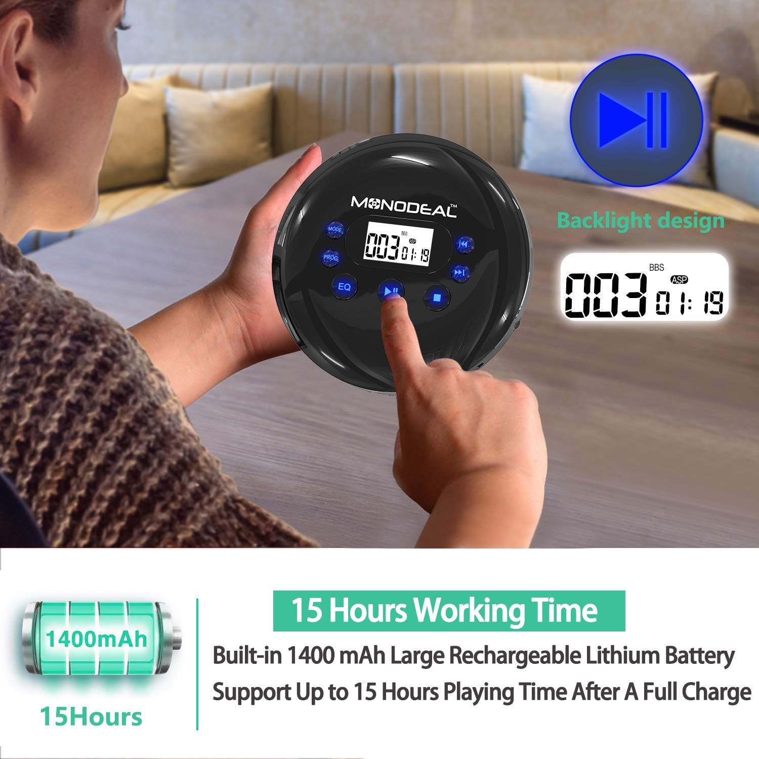 Portable CD Player, MONODEAL Rechargeable Personal Compact Disc CD Player with Headphones, Anti-Skip Small Walkman Music CD Player for Cars Adults Kids Students (with Larger LCD Display) Pack of 2